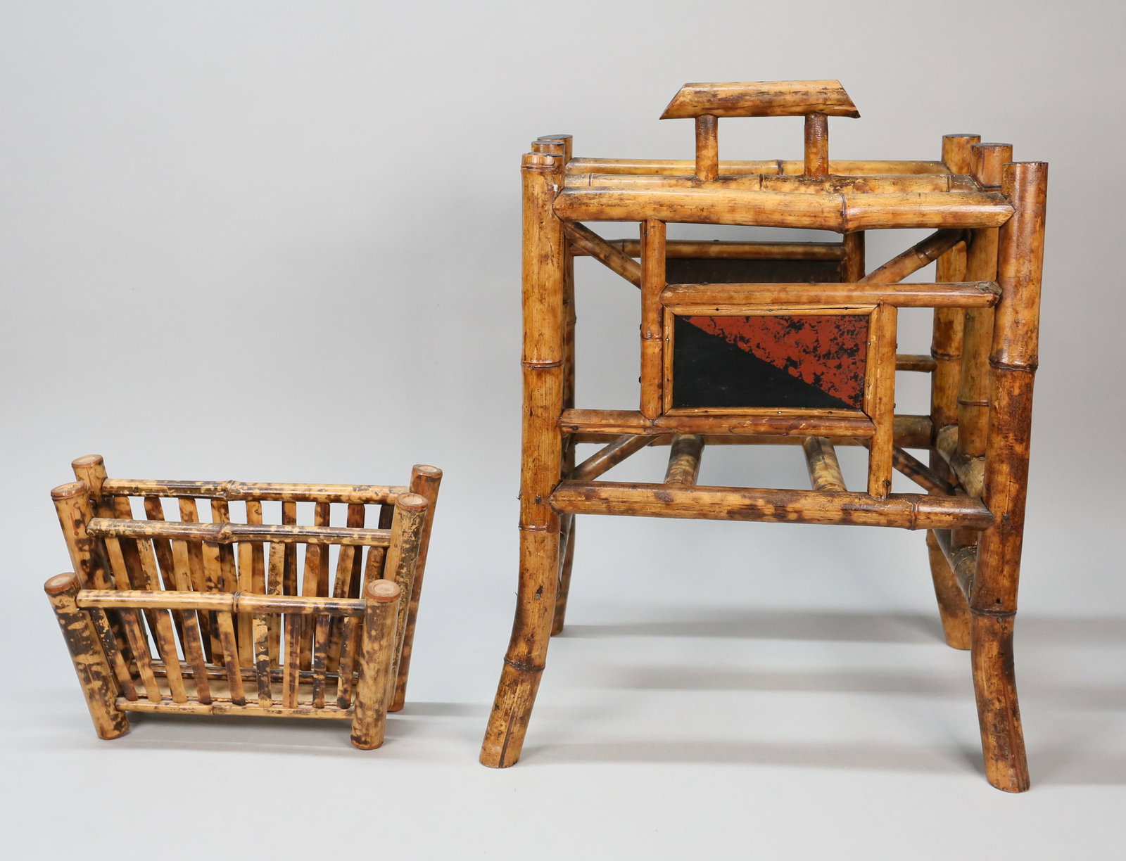 Bamboo Magazine Rack & Letter Rack: 2 piece bamboo lot. Magazine rack, with painted side panels, 16"W x 11"D x 19"H; letter rack, 12"W x 3 3/4"D x 8 1/4"H. Small cracks to bamboo tops on letter rack, stretchers separating from two sides
