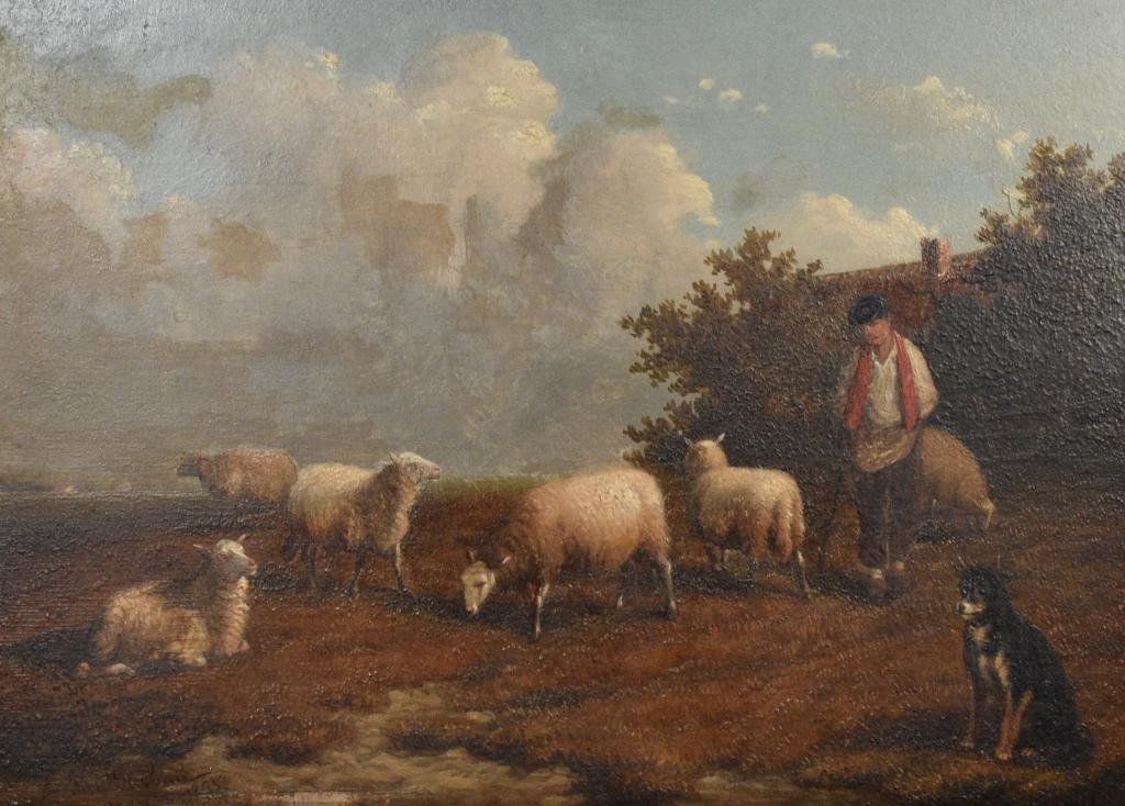 Joseph Van Dieghem Oil on Canvas: Joseph Van Dieghem (Belgian, 1843-1885) oil on canvas. Signed lower left, dated 1865. Sight: 6 3/4" H x 8 3/4" W. Frame: 10" H x 12 1/3" W. Repairs to the sky, loss to the right of the signature.
