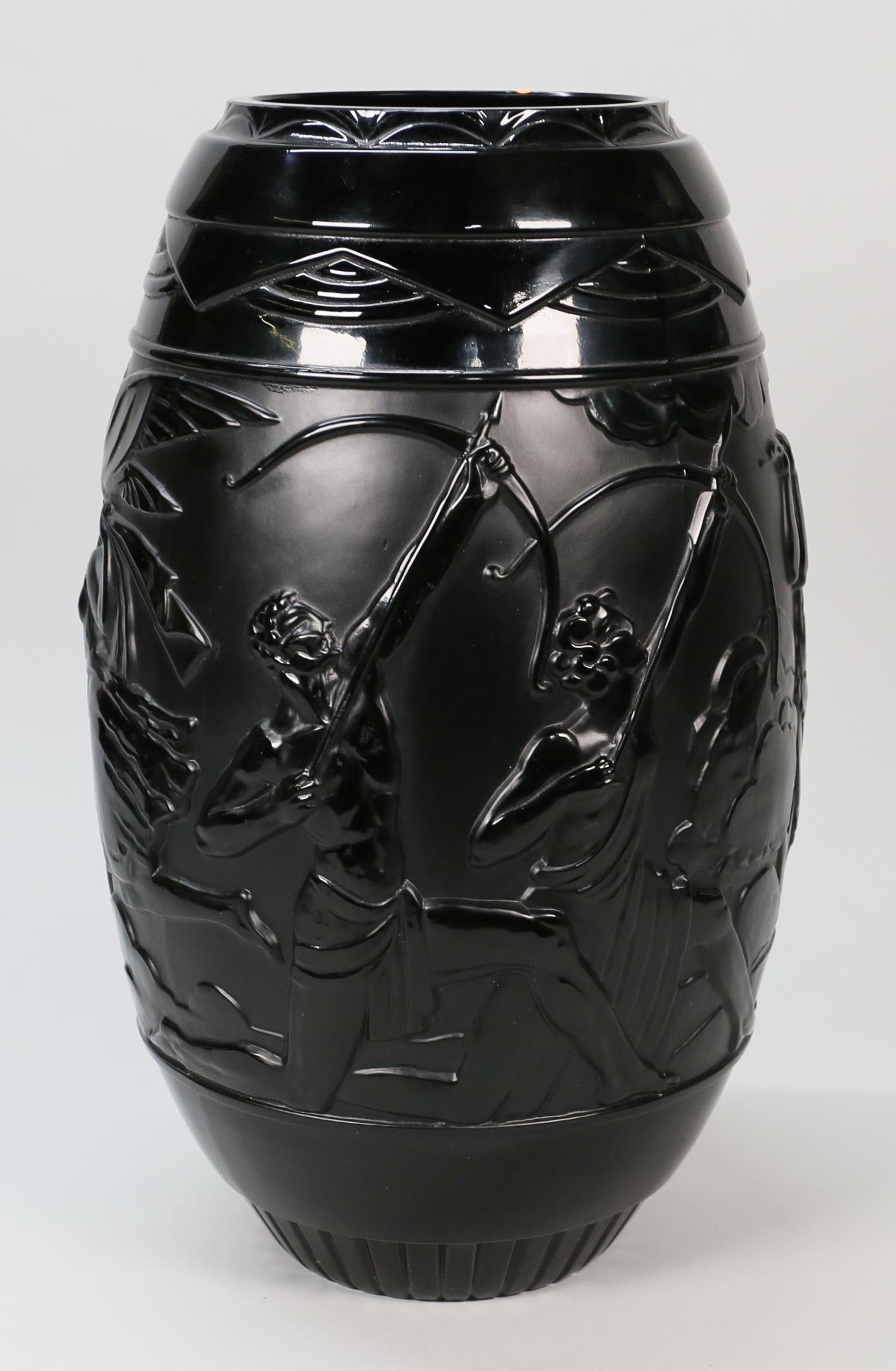 Sabino French Art Glass Vase Diana the Huntress: Sabino (France, 20th century). Black satin art glass vase with scenes of Diana. Marked on the underside Sabino Paris. 16"H x 5 1/2"-diameter at opening. Small scratch on rim, remnants of felt pads on 