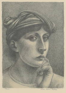 Alan Feltus Lithograph Portrait of a Woman: Alan Evan Feltus (American, New York / Italy, 1943-). Lithograph portrait of a woman. Signed in pencil lower right and numbered 58/150 lower left. Sheet 11" x 8 3/8" (with frame 15 3/4" x 13 1/4").