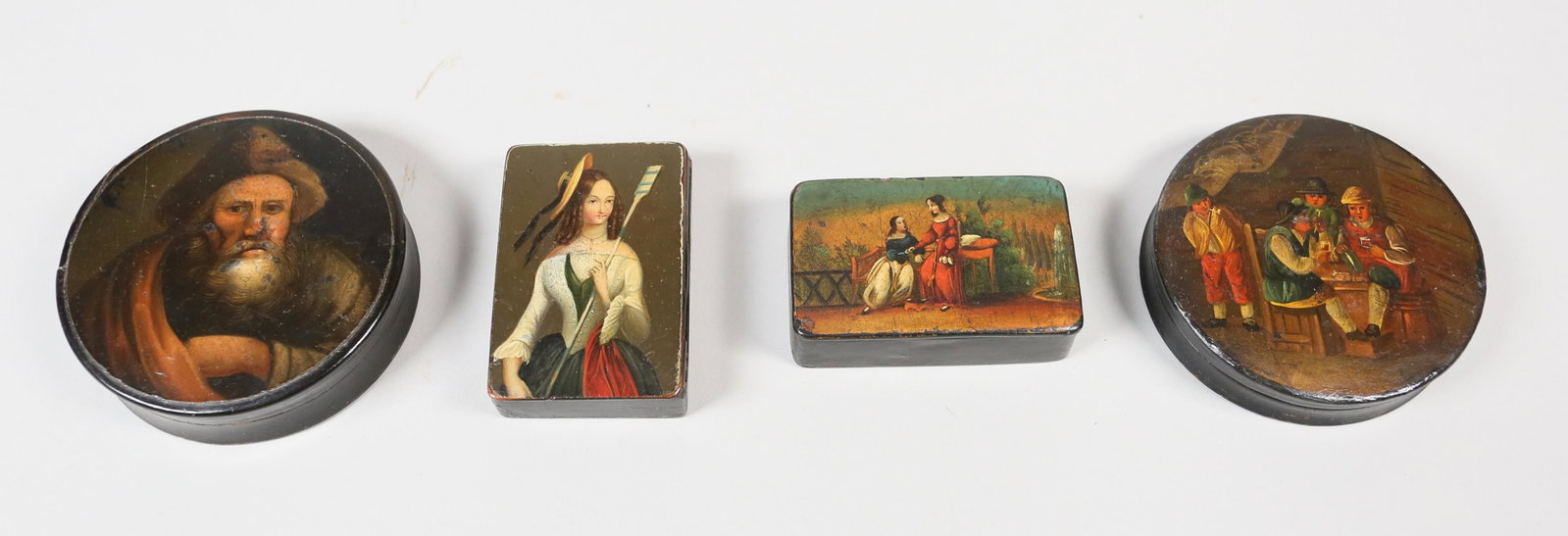 4 Hand Painted Lacquer Boxes: 4 Continental hand painted lacquer boxes. All unsigned. One with Russo & C. Milano paper label. Largest round box 1"H x 3 3/4"-diameter. Scratches and losses to lacquer on all, losses and crazing to h