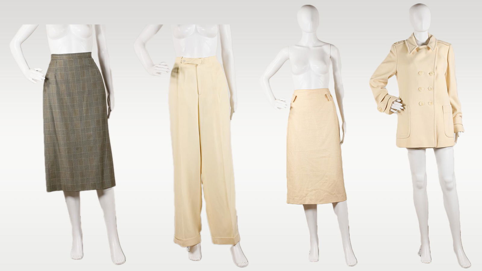 Collection of Designer Women's Clothing: DKNY winter white wool pea coat, size 10, some marks from wear and button repositioning, good condition; Ralph Lauren winter white 100% wool pants, size 12, 31" inseam, some minor marks from wear, ori