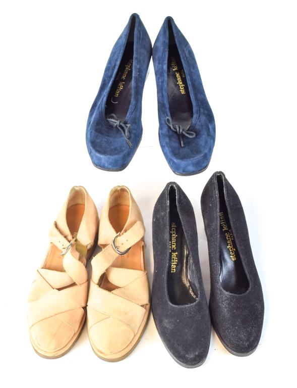 Stephane Kelian 3 pairs of suede shoes: Made in France. US sizes 7-7.5. worn soles. Black heel 2.5 inches.