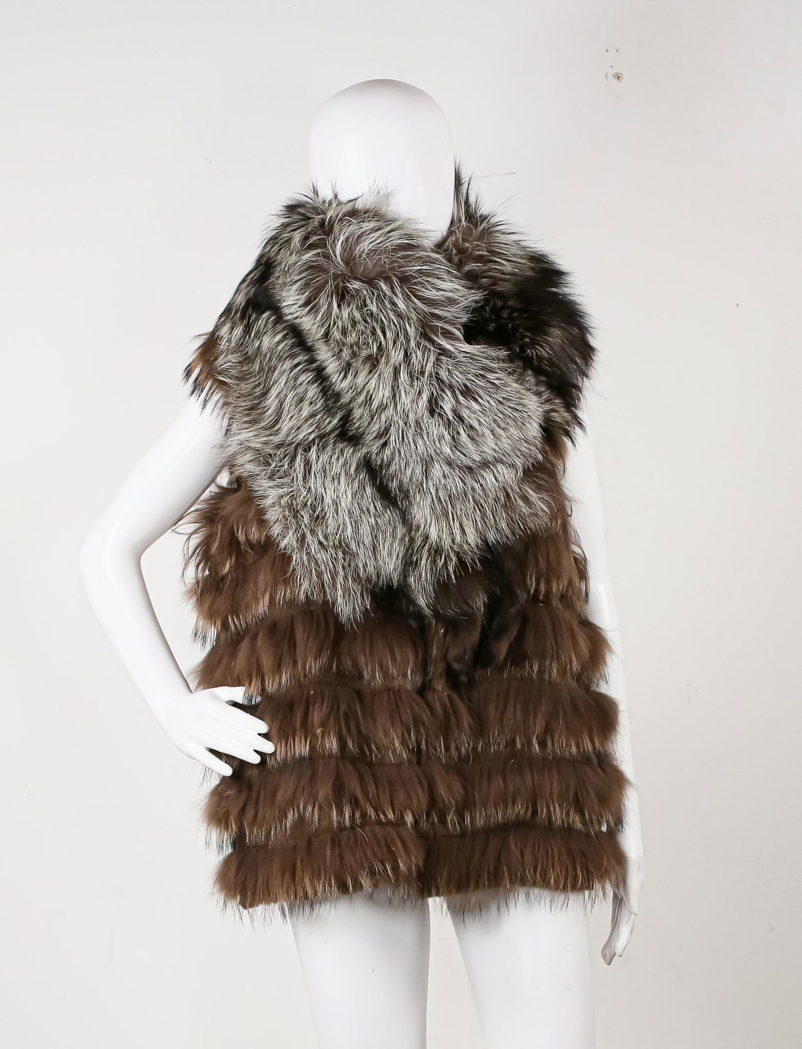 Fur Vest and Stole: Dena New York Brown dyed raccoon/rabbit fur vest, fur from Finland, size M; grey fox stole, Krizia full body grey fox stole, rhinestone eyes, clip closure, tail has detached from body, 52"long with ta