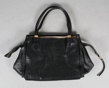 Chloe Black Bag: ChloÃ© top handle black leather bag, gold tone hardware, rolled handles, zip closure at top, dual exterior pockets, canvas lining, three interior pockets, 13 1/2"L x 9 1/2"H x 7 1/4"D