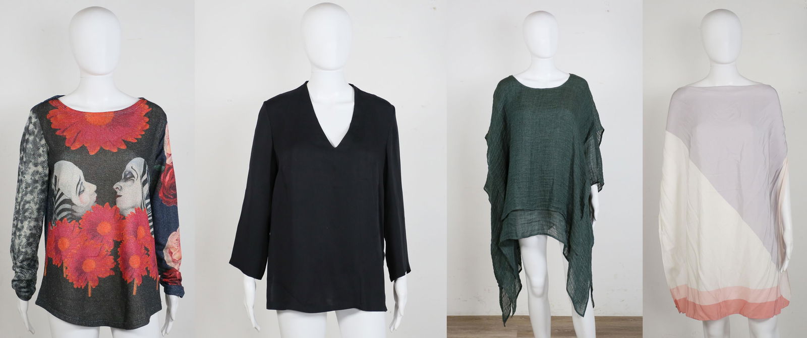 Grouping of Designer Tops: Desigual Cirque du Soleil sweater, size XL, some marks from wear, good condition; Han Feng 100% silk top, size Medium, some marks from wear; Emporio Armani halter top, no size; Kim Bernardin linen ble