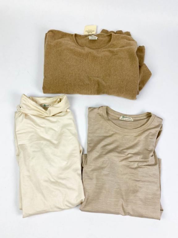 Grouping of Hermes Tops: Lot includes tan long sleeve Hermes top, some minor marks, size 40, 93% silk, 7% elastane, dry clean only, 16" at shoulders, 21 1/2L, some marks from wear, good condition; ecru Hermes turtleneck, size