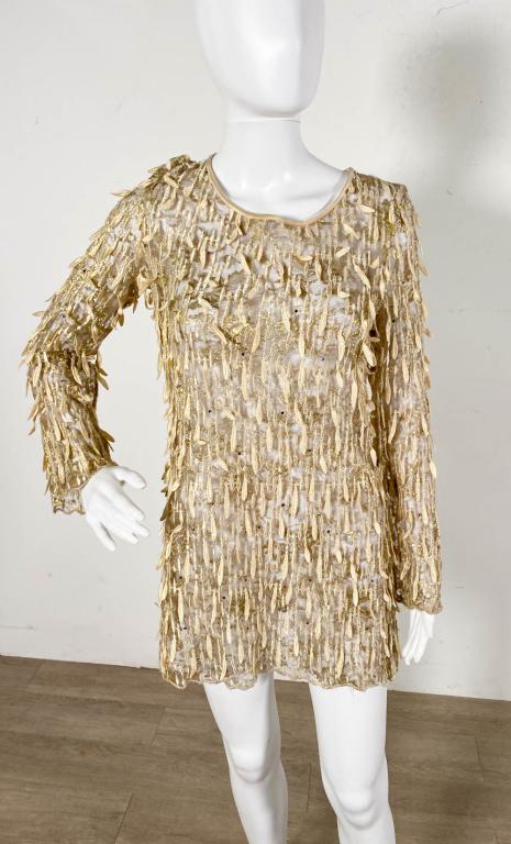 Escada Couture Metallic Tunic Top: Lot includes Escada Couture metallic embroidered tunic with leaf and sequin embellishments, 16" at shoulders, 31"L, lightly worn, good condition