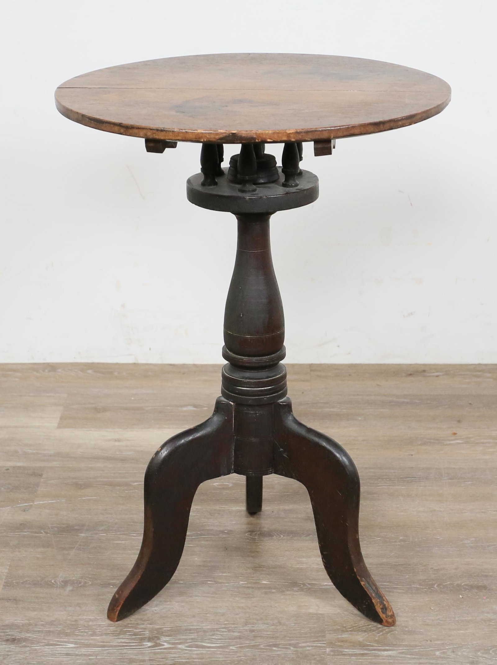Federal Tilt Top Tea Table: Federal tilt top tea table. Late 19th century. Tilt top with mechanism to allow top to spin. Heavy staining and marks to top. Portions of edge of top missing. Scratches and losses to finish on legs an