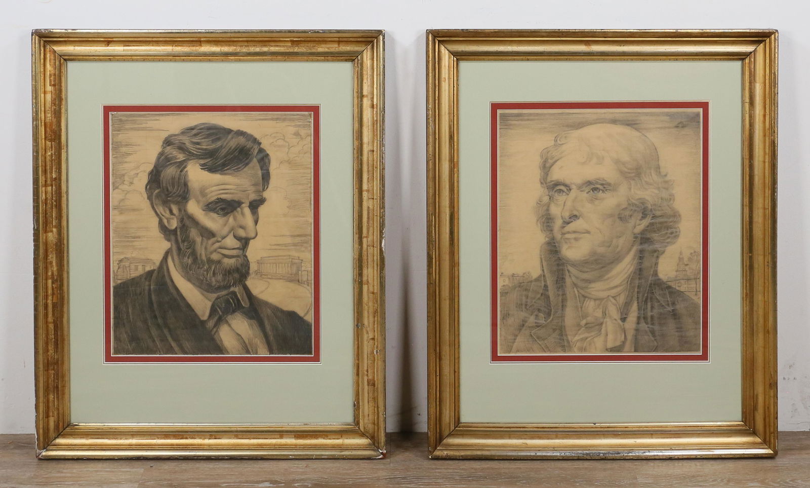 2 United States Presidents Graphite on Paper: Abraham Lincoln and Thomas Jefferson graphite on fine toothed paper drawings. 1 drawing: 18 1/4" x 14 3/4" (with frame: 32" x 26"). Unsigned. Toning to paper. In gilt wood frames. Chips to corner of f