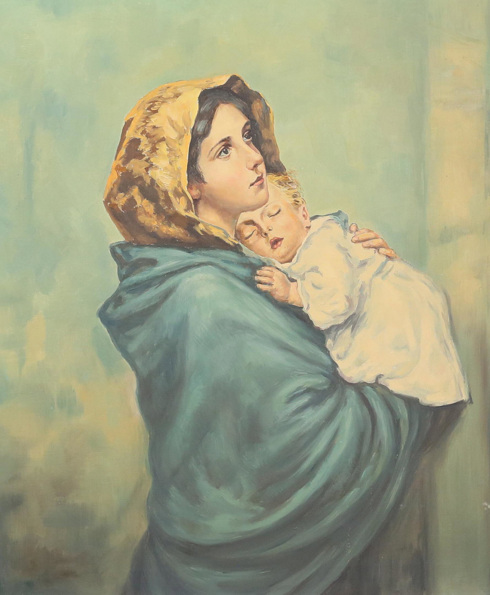 After Roberto Ferruzzi Madonnina Oil on Canvas: After Roberto Ferruzzi (Italy, 1853-1934). Oil on canvas mother and child, after Ferruzzi's Madonnina (Madonna of the Streets). Chips to frame, upper right and left. Unsigned. 23 1/2" x 19 1/2" (with 