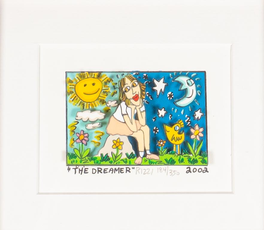 James Rizzi 3-D Serigraph The Dreamer: James Rizzi (American, New York, 1950-2011). 3-D serigraph The Dreamer. Dated 2002 and signed and numbered 184/350 in pencil. 2 1/4" x 3" (with frame 12" x 13"). Chips to frame.