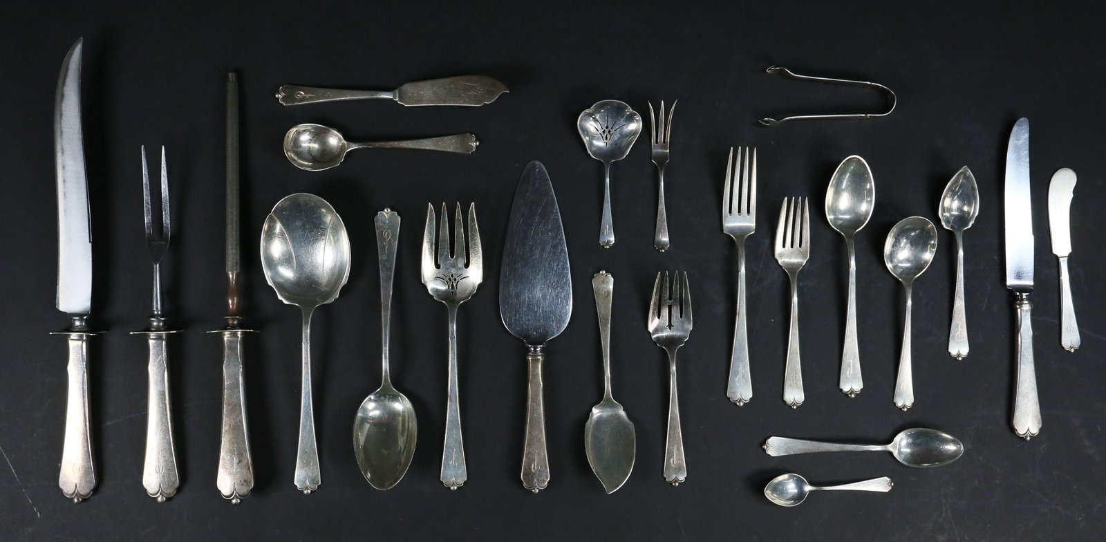 156 Pieces Watson Lotus Pattern Sterling Flatware: 156 pieces Watson sterling silver flatware in the Lotus pattern. Watson maker's marks. Monogrammed. 16 dinner forks, 16 dessert forks, 10 salad forks, 8 tablespoons, 24 teaspoons, 11 soup spoons, 10 g