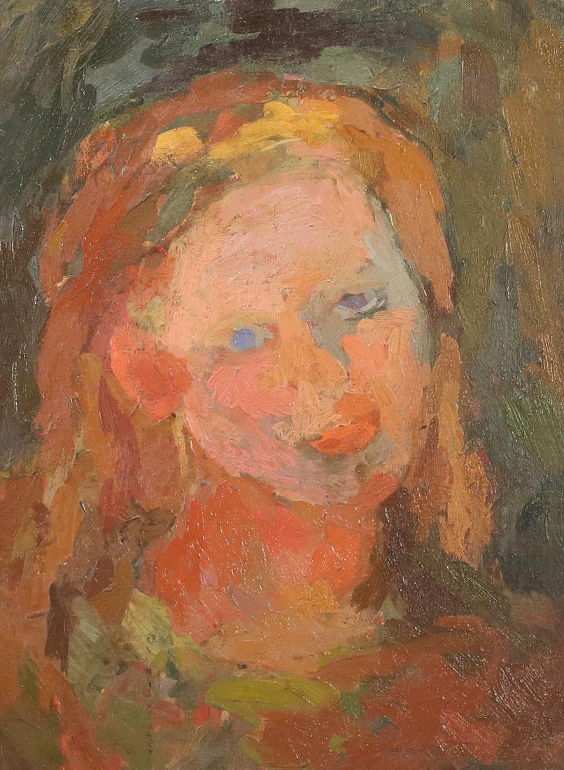 Eugenie Baizerman Oil on Board Girl With Blue Eyes: Eugenie Baizerman (Poland / American, New York, 1899-1949). Oil on board portrait Girl With Blue Eyes. Signed, titled and dated 1943 on verso. 15 1/2" x 11 1/2" (with frame 25" x 20 3/4"). Paint loss 