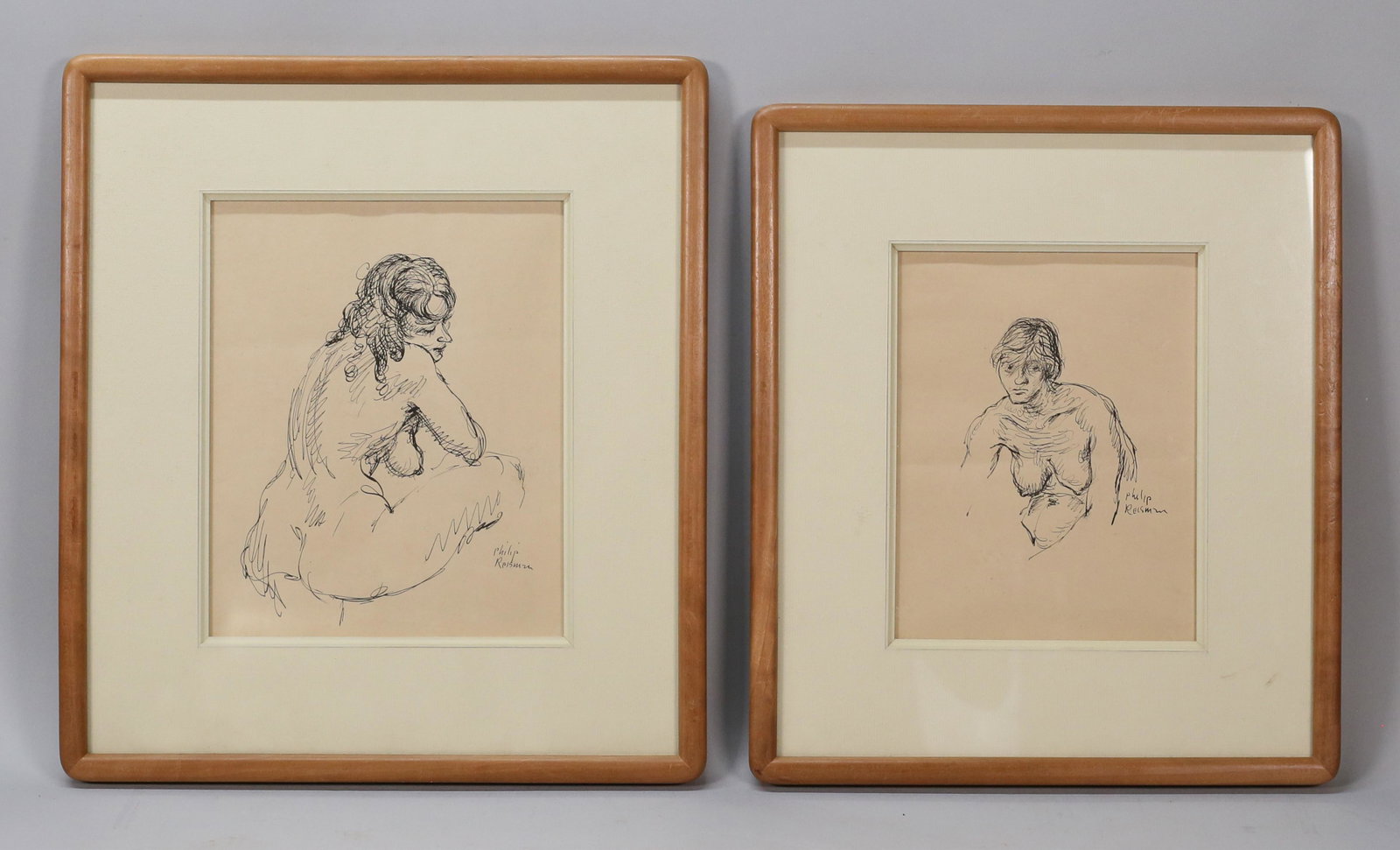2 Philip Reisman Pen & Ink Nudes: Philip Reisman (American, New York, 1904-1992). 2 pen and ink drawings of nudes. Both signed lower right Philip Reisman. 9 1/2" x 7 3/4" (with frame 15 3/4" x 14") and 8 1/2" x 6 1/2" (14 3/4" x 12 3/