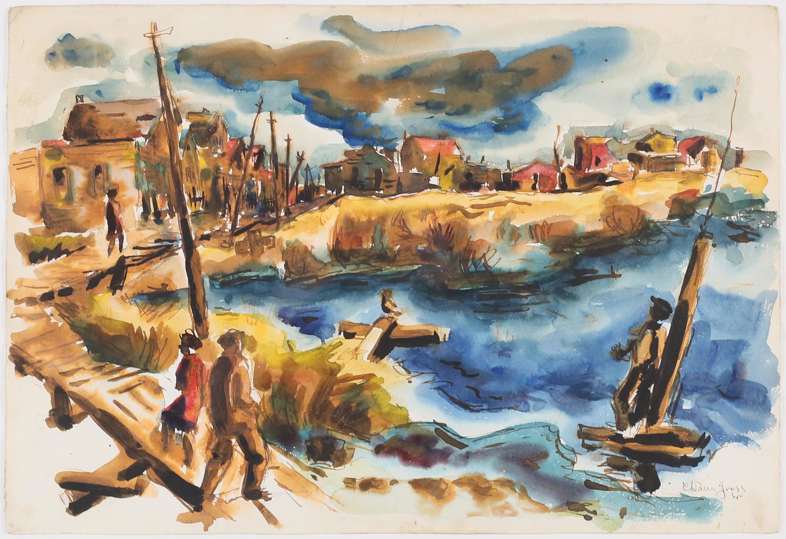 Chaim Gross Watercolor Village Scene: Chaim Gross (Ukraine / American, 1902-1991). Watercolor village scene. Signed lower right. 15" x 22 1/4" (with frame 23" x 29 1/2").