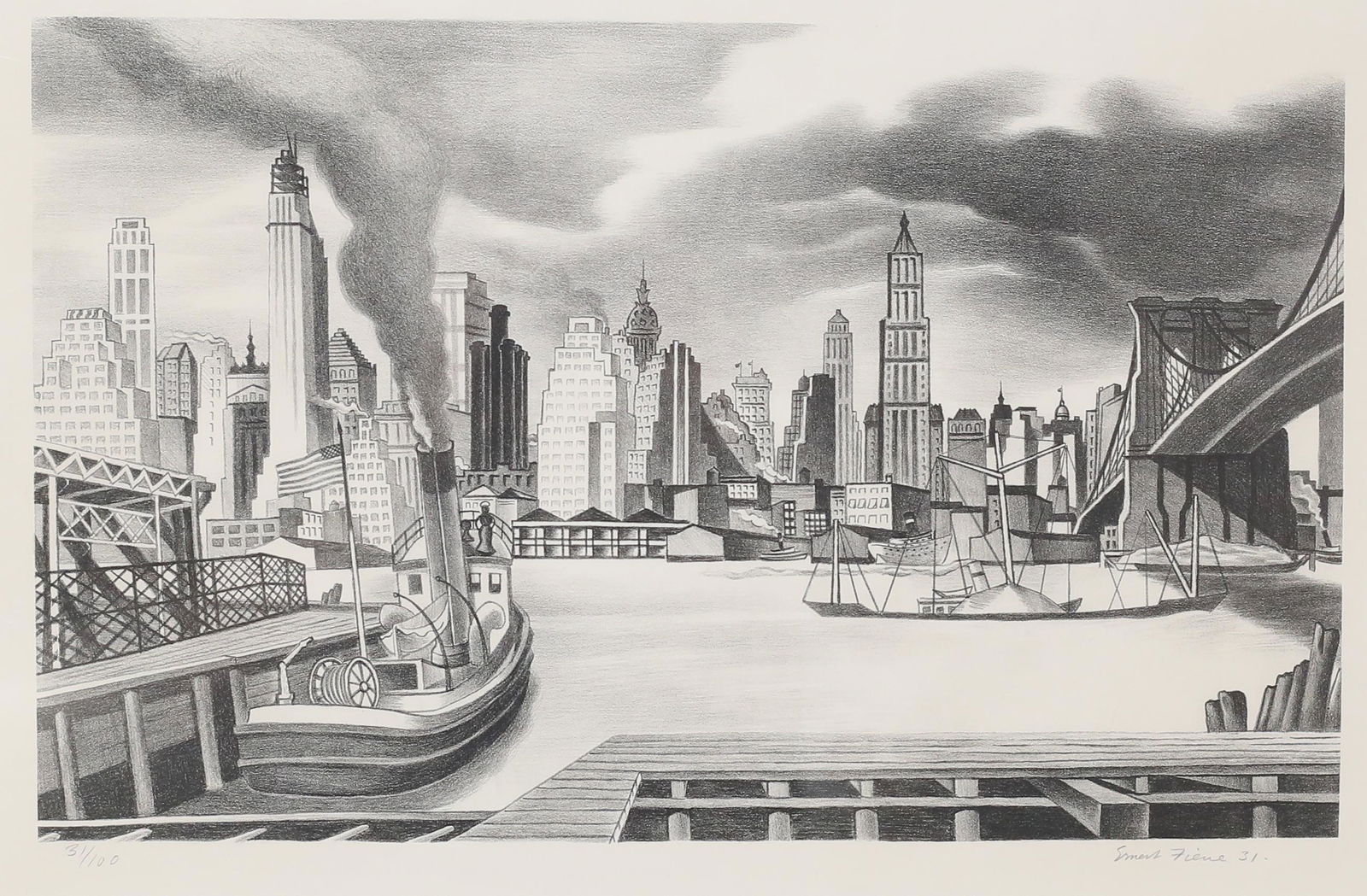 Ernest Fiene Lithograph New York City: Ernest Fiene (American, New York, 1894-1965). Lithograph Manhattan waterfront skyline. Signed, dated 31 and numbered 31/100 in pencil in the lower margin. Image 11" x 17 1/2" (with frame 19" x 25 1/4"