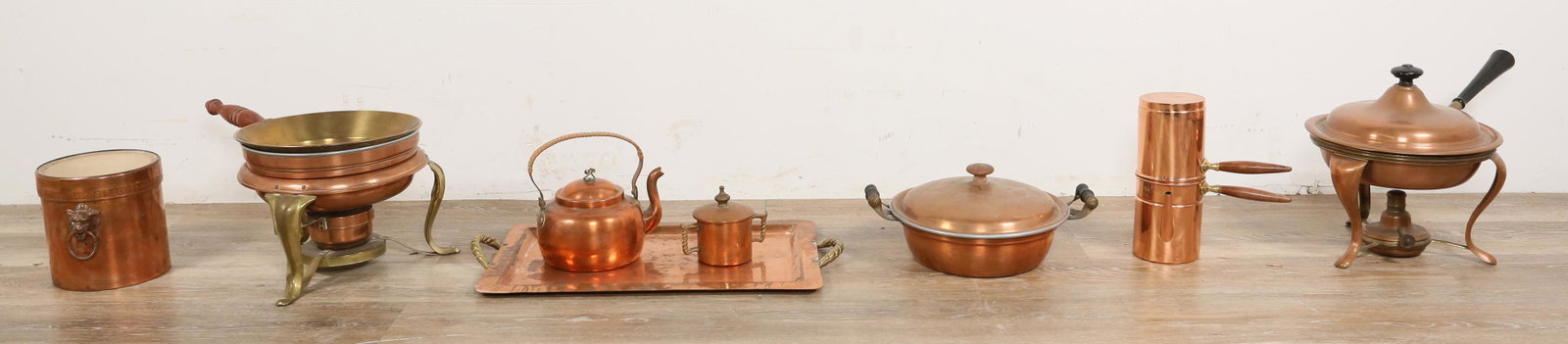 8 Pieces Copper Cookware: 8 pieces copper cookware. Odel teapot, Manning Bowman lidded pot on stand, Federal pottery lined wine cooler, Colonial tray, double boiler on stand, Manning Bowman two handled pot (no lid), Tagus espr