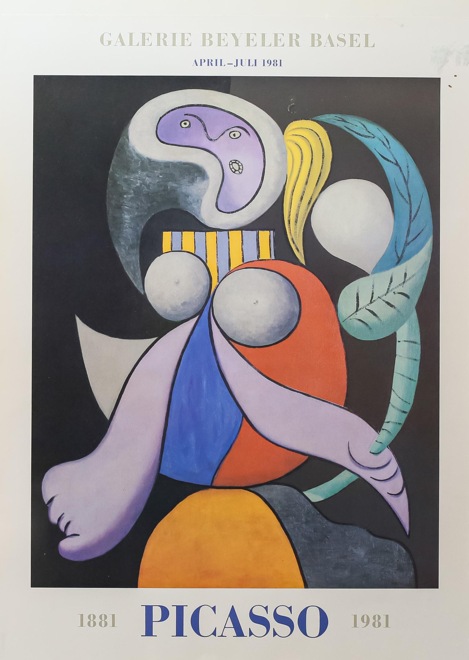 Pablo Picasso Exhibition Poster Basel 1981: After Pablo Picasso (Spain / France, 1881-1973). Exhibition poster print Galerie Beyeler Basel, April-July 1981. 31" x 23" (with frame 35 1/2" x 27 1/2"). Small blemish upper center, small crease lowe