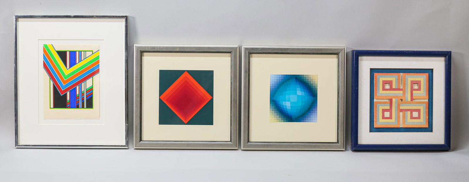4 Piece Op Art Lot: 4 piece Op Art lot. Unsigned lithograph, 5 7/8" x 5 7/8" (with frame 11" x 11"); After Victor Vasarely print Vega II, 5 1/4" x 5 1/4" (11 3/8" x 11 3/8"); Peter Freudenthal lithograph, pencil signed a