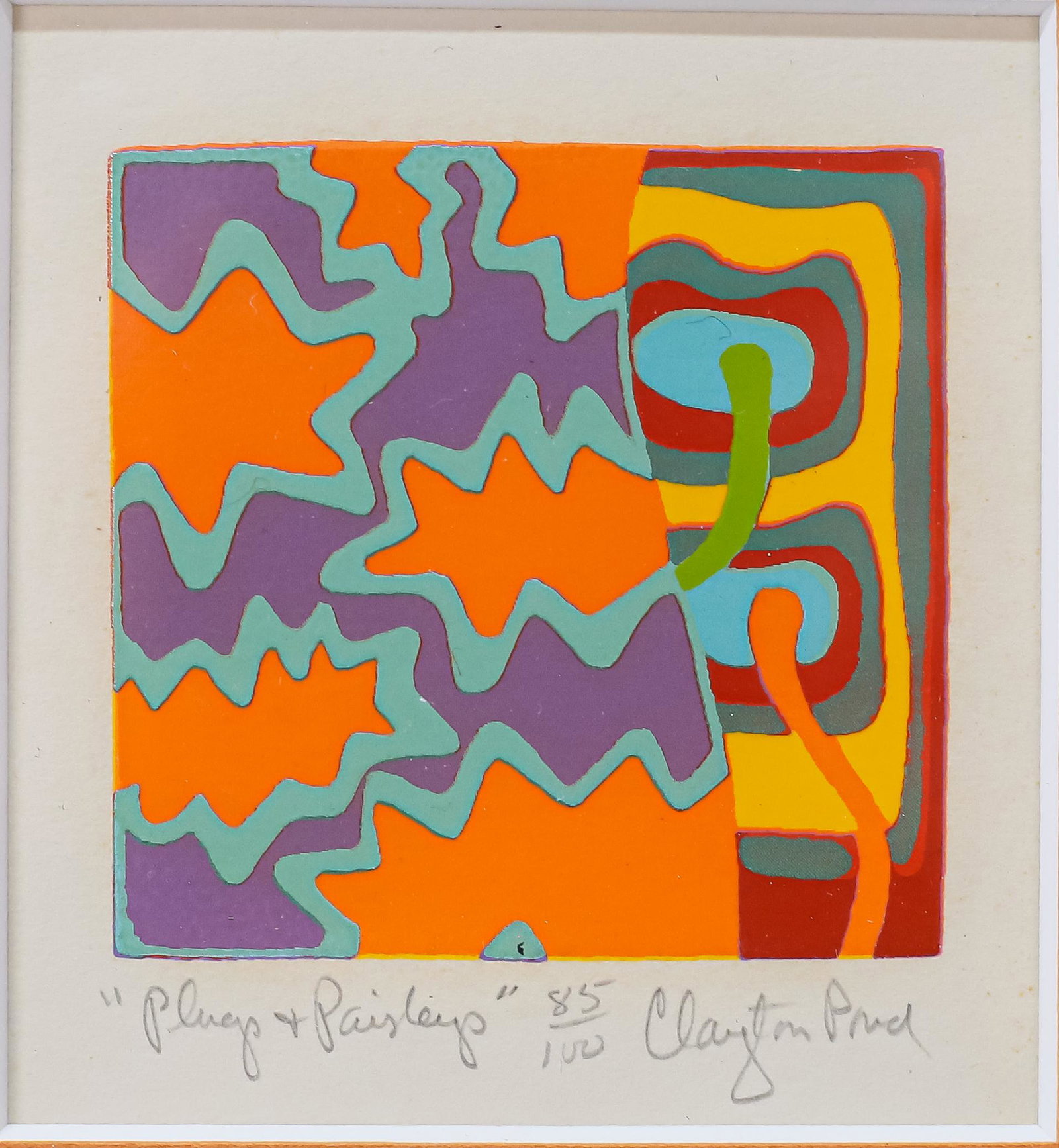 Clayton Pond Silkscreen Plugs & Paisleys: Clayton Pond (American, 1941-). Silkscreen Plugs & Paisleys. Signed, titled and numbered 85/100 in pencil. Image 2" x 2" (with frame 14" x 12").