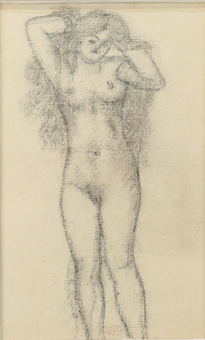 Aristide Maillol Charcoal Standing Nude: Aristide Maillol (France, 1861-1944). Charcoal Standing Nude. Signed M in red, lower center. Buchholz Gallery, New York label with info on verso. 13" x 8" (with frame 20" x 15"). Small crease upper ce