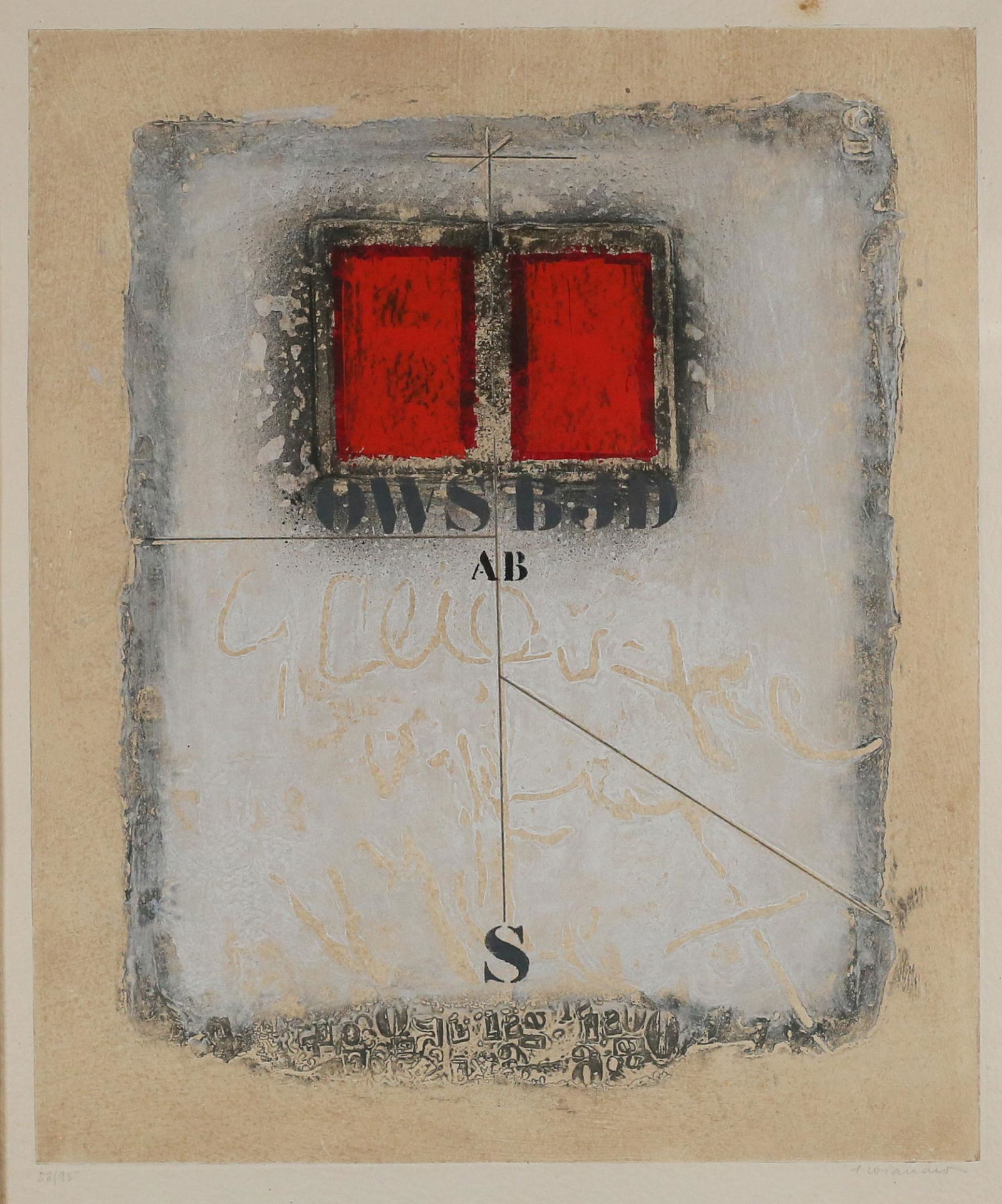 James Coignard Etching Collage: James Coignard (France, 1925-2008). Collage style etching. Signed in pencil lower right and numbered 58/95 lower left. 27" x 21 1/2" (with frame 34 1/2" x 29"). Staining in upper margin.