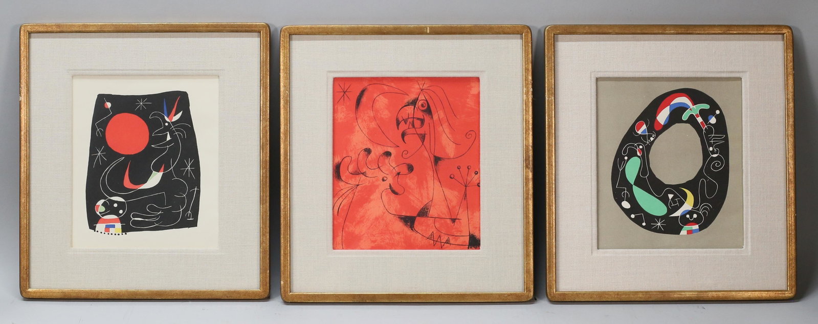 3 Joan Miro Lithographs From Jacques Prevert Miro: Joan Miro (Spain, 1893-1983). 3 lithographs from Joan Miro by Jacques Prevert and Georges Ribemont-Dessaignes, c. 1956. Each image 8 5/8" x 7 1/2" (with frames 14" x 12 3/4"). All unsigned. Chips to f