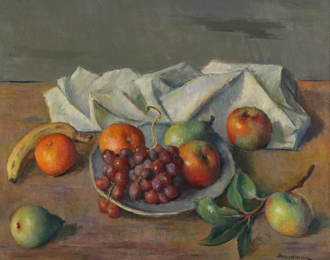 Robert Brackman Oil on Canvas Still Life: Robert Brackman (American, New York / Connecticut, 1898-1980). Oil on canvas Still Life With White Cloth #3. Signed Brackman lower right and signed, titled and labeled Noank, Conn. on verso. 15 1/2" x