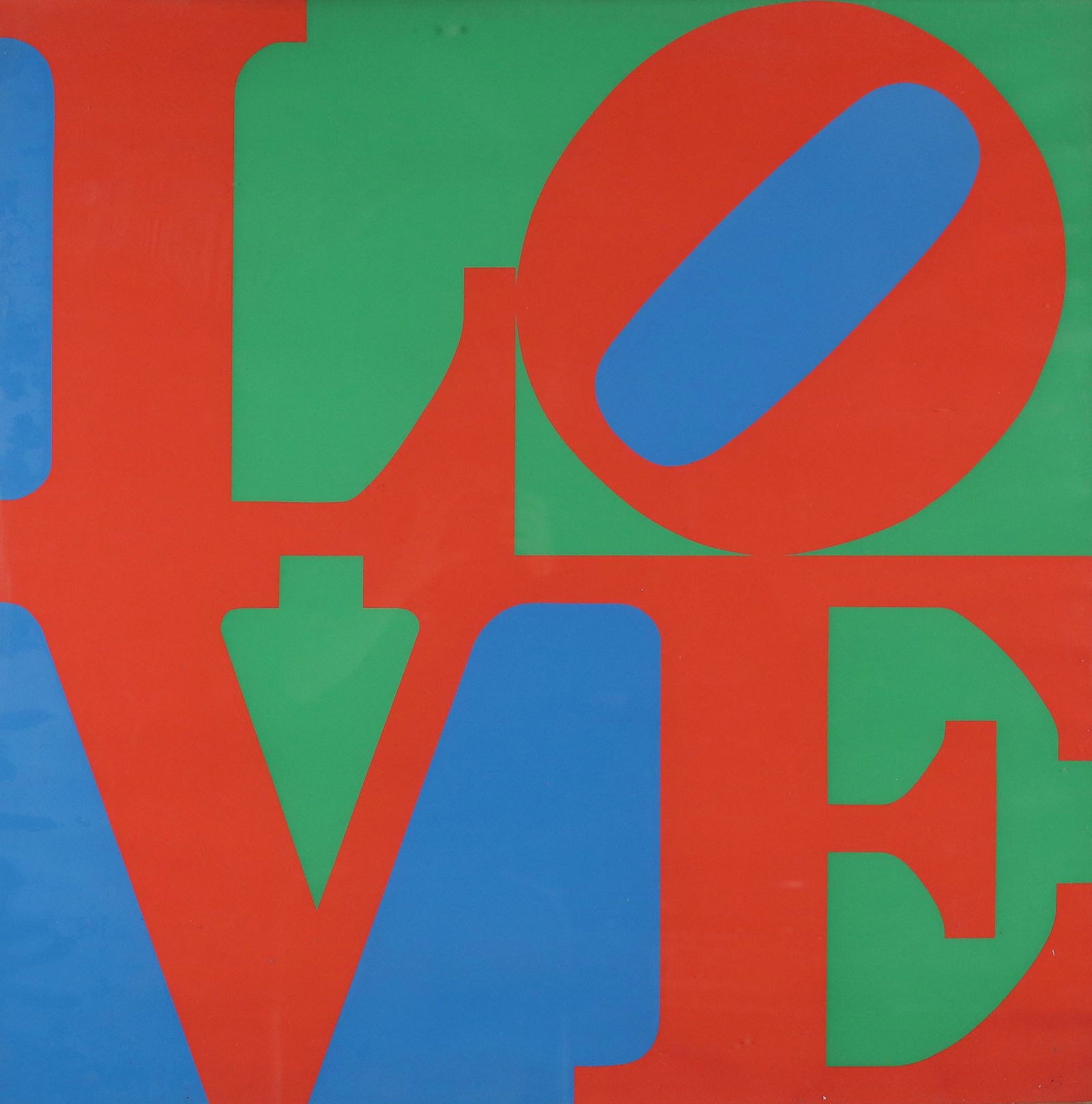 Robert Indiana Silkscreen Love: Robert Indiana (American, New York / Maine, 1928-2018). Silkscreen Love. Unsigned. With Eva Lee Gallery label on verso. 33 1/2" x 33 1/2" (with frame 35" x 35"). Waviness to paper; losses to decoratio