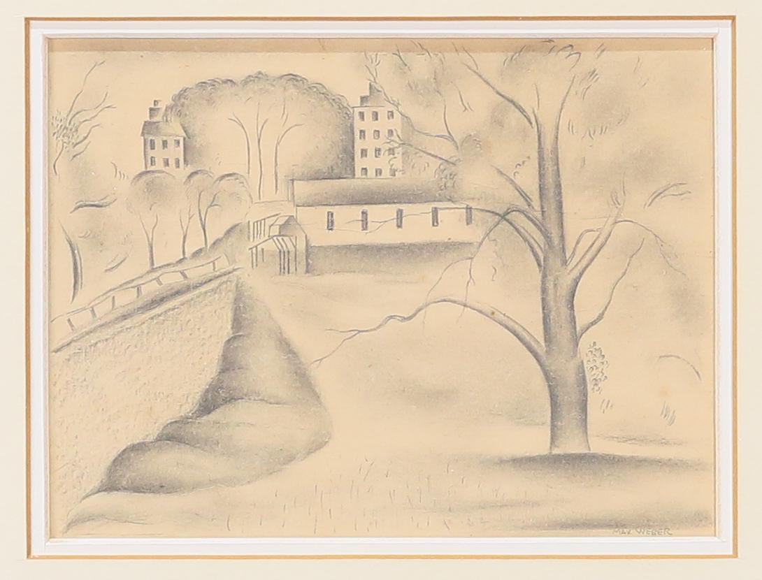 Max Weber Graphite on Paper Landscape: Max Weber (American, New York, 1881-1961). Drawing on paper Landscape With Houses and Trees. Signed lower right. With label on verso, dated 1906. 5 1/4" x 6 3/4" (with frame 15 1/8" x 17 3/4"). Crease
