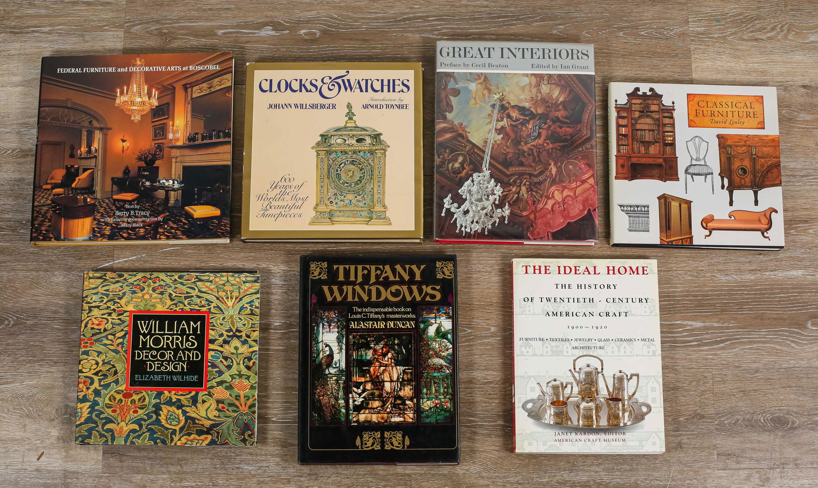 7 Books on Decorative Arts and Furniture: Clocks & Watches by Johann Willsberger, 1975. Federal Furniture and Decorative Arts at Boscobel. Text by Berry B. Tracy, 1981. Tiffany Windows by Alastair Duncan, 1980. Classical Furniture by David Li