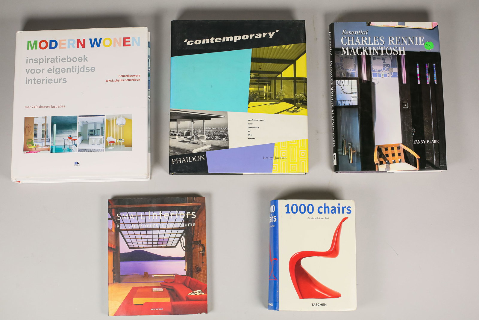 5 Books on Contemporary Design: 1000 Chairs by Charlotte & Peter Fiell, 2000. Small Interiors by Kleine Raume, 2006. Essential Charles Rennie Mackintosh by Fanny Blake, 2001. Modern Living: Inspiration Book for Contemporary Interior