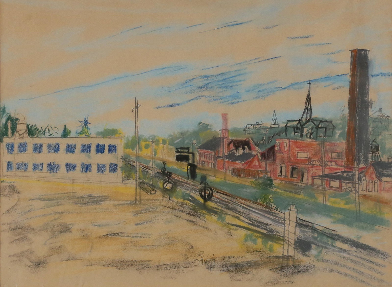 Philip Evergood Pastel Factory Town Landscape: Philip Howard Francis Dixon Evergood (American, New York / Connecticut, 1901-1973). Pastel on paper railroad tracks and factory buildings. Signed lower center and dated 1958 lower right. 16 3/4" x 22 