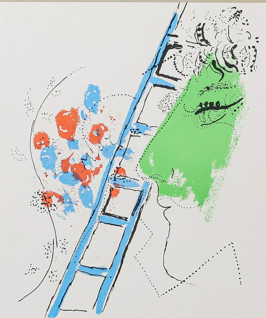 Marc Chagall Lithograph The Ladder: Marc Chagall (Belarus / France, 1887-1985). Lithograph The Ladder. Unsigned. Image 9" x 8 5/8" (with frame 16 3/8" x 15 3/8"). Scratches and losses to decoration on frame.