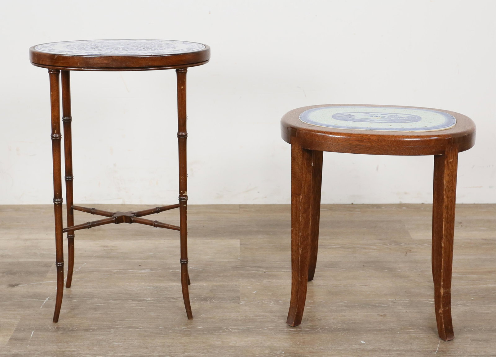 Two Chinese Porcelain Drain Trays on Stands: Two porcelain drain trays on contemporary stands. Late 19th century. Ironstone dish drain on faux bamboo mahogany stand. Marked "T.B. and S Indian Ornament" on back. Chinese drain tray on stand. Crazi