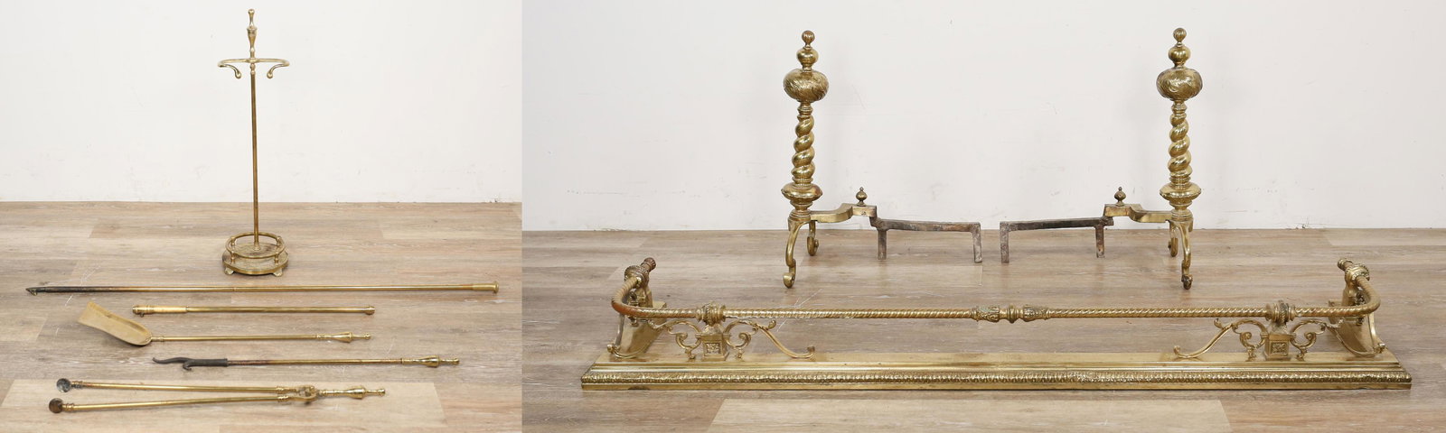 Empire Style Fireplace Set: Empire style fireplace set. 20th century. Andirons, fire fender, tool stand with coal shovel, poker, coal tongs, and blow poke. Tarnishing and scorching throughout tools and pieces. Slight bend to met
