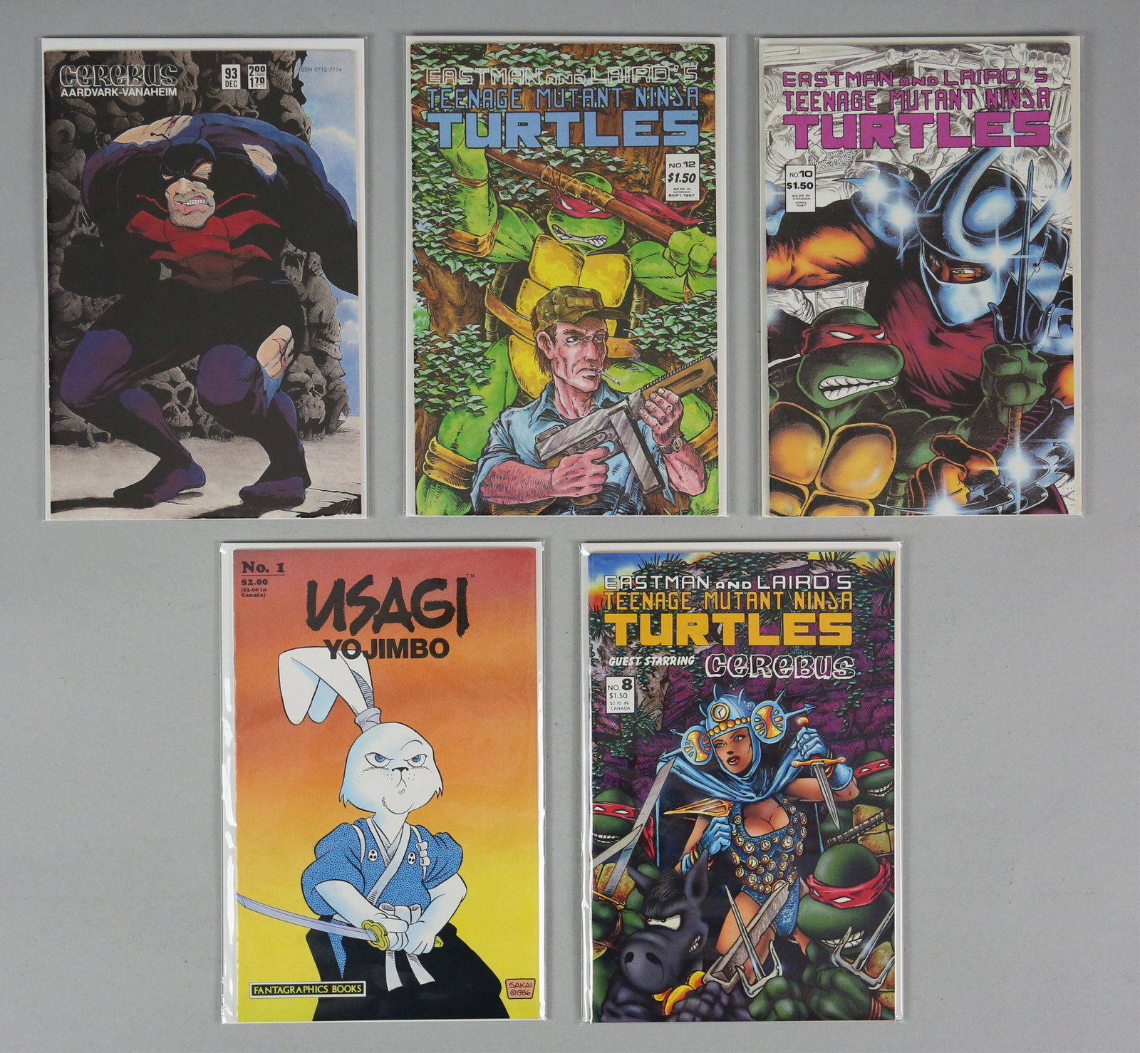 10 Teenage Mutant Ninja Turtles Usagi Yojimbo: Fantagraphics Books. Usagi Yojimbo issue 1. Mirage Comics Teenage Mutant Ninja Turtles issues 8, 10 and 12. Aardvark-Vanaheim Comics Cerebus the Aardvark issues 66, 77, 89, 91, 93 and 115. Comics are 