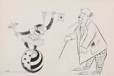 Bill Ballantine Pen & Ink Illustration: Bill Ballantine (American, 1910-1999). Pen and ink drawing monkey and clown. Signed lower left. 11" x 16" (with frame 15" x 20 1/4"). Waviness to paper, some mat burn around edges of image, discolorat