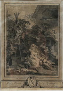 After Pierre Antoine Baudouin Engraving: Isidore-Stanislas Helman (France, 1743-1810), after Pierre-Antoine Baudouin (France, 1723-1769). Engraving Le jardinier galant, circa 1778. 15 1/2" x 10 3/4" (with frame 22 1/2" x 17 3/4"). Toning and