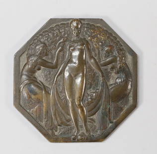 Pierre Turin Art Deco Bronze Medal: Pierre Turin (France 1891-1968) Bronze medal. Stamped "P. Turin" on the front and "cuivre" on side. 2 3/4" x 2 3/4".