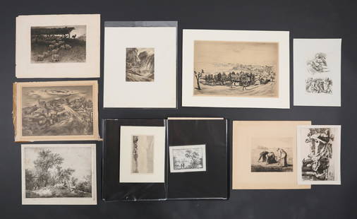 Lot of Etchings: Large lot of unframed etchings, including Ostade, Millet, Strang, Slocombe, Heyer, J.F. Morgenstern, Daumont, Gustave Popelin, Corot, Martin Von Molitor, Charles Jacque, John Austin Sands Monks. All a