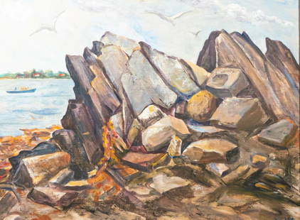 Malvina Hoffman Oil on Canvas: Malvina Hoffman Oil on Canvas Malvina Cornell Hoffman (New York 1885 -1966) Oil on canvas of a rocky coastline. Lower right "Aug 1954". On verso stamp "Malvina Hoffman Estate". Written on stretcher "K