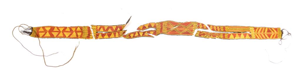 Belt, Vegetal Fiber, Yellow and Red Geometric: Belt, vegetal fiber, yellow and red geometric design. Ripped in places. Field Museum in Chicago has similar belts, for example No. 134452 collected by the Joseph N. Field South Pacific Expedition to t