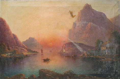 Nils Hans Christiansen Oil on Canvas Landscape: Nils Hans Christiansen (Denmark, 1850-1922). Oil on canvas sunset landscape. Signed lower left. 20"x 30". Paint loss and crazing throughout, impression from stretcher visible on canvas, large repair i