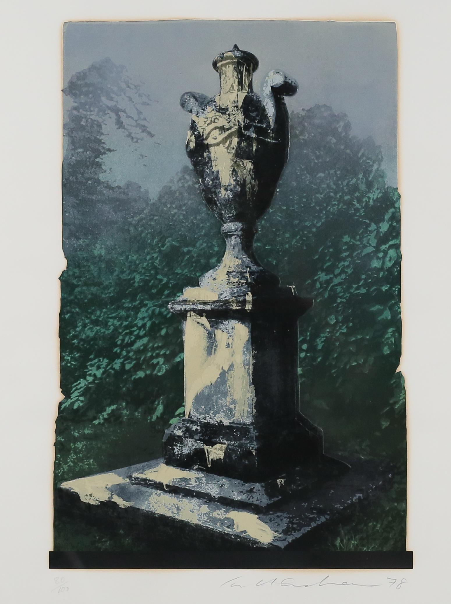 Ivor Abrahams Monument Series Urn on Pedestal: Ivor Abrahams RA, British (1935-2015) Monument Series Urn on Pedestal. Screenprint pencil signed lower right and numbered lower left 80/100. Yellowing to paper and edges. Scratches and staining to fra
