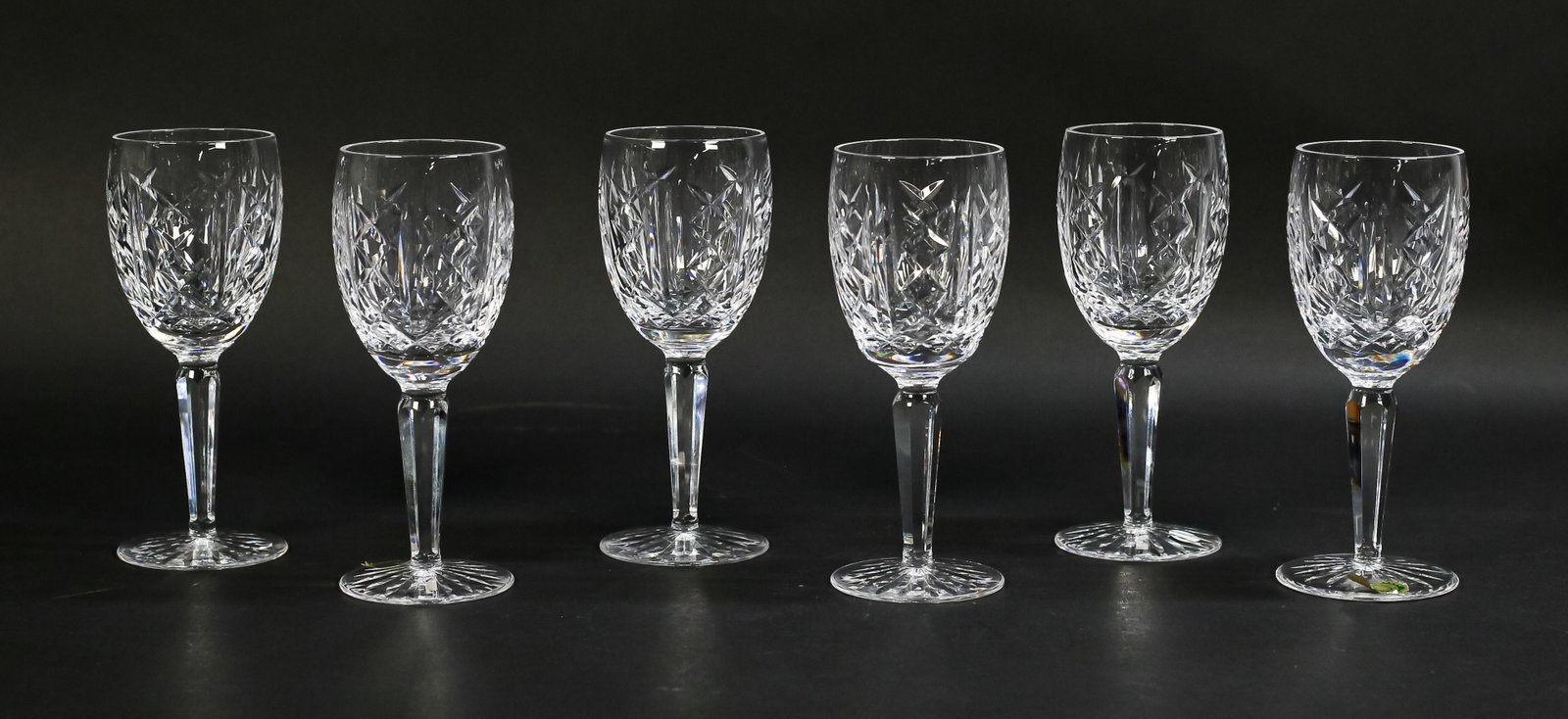 6 Waterford Glengarriff Claret Wines: Set of 6 Waterford Glengarriff pattern crystal claret wine glasses. Each 6 5/8"H. All with etched Waterford marks, 2 with paper labels.