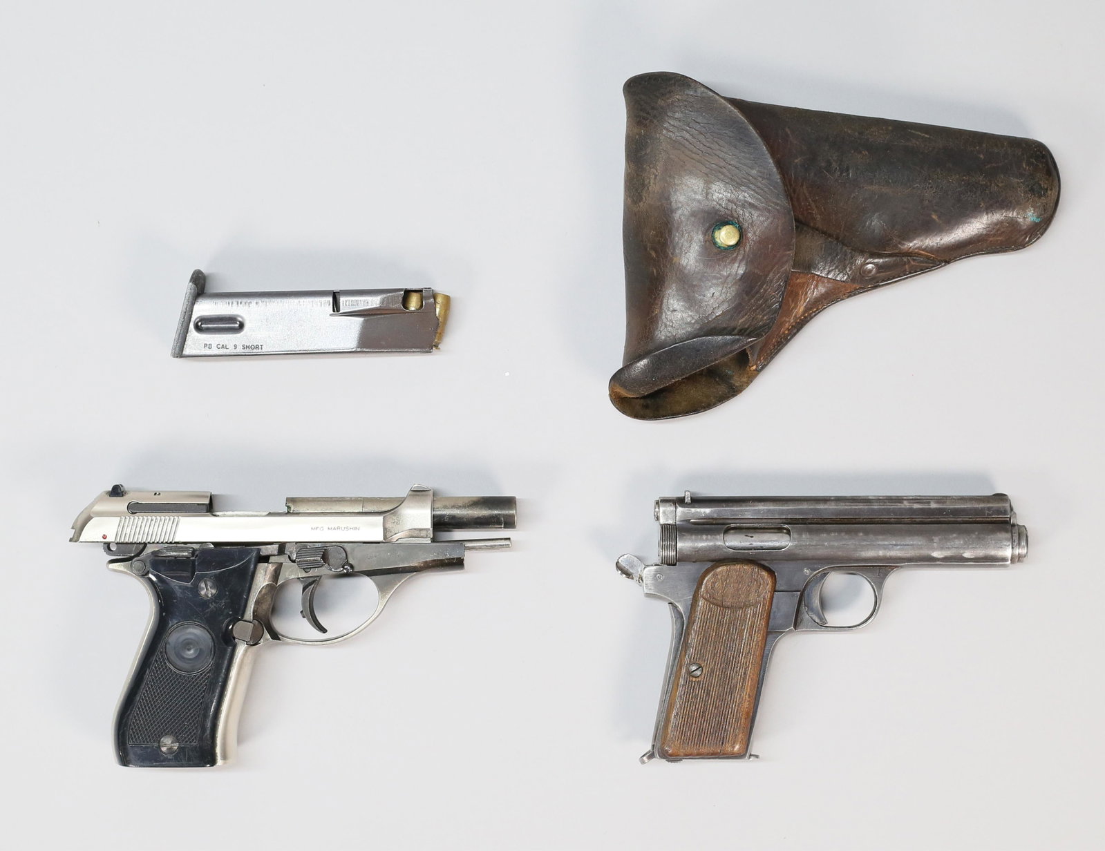 Fegyvergyar Frommer Pistol & Marushin Model Gun: 2 guns. Hungarian Fegyvergyar Budapest, Frommer 7.65mm, serial number 312957, decommissioned, in leather case; Mfg. Marushin M-84 Cal. 9 short, model gun, serial number A14981Y. Scratches and wear to 