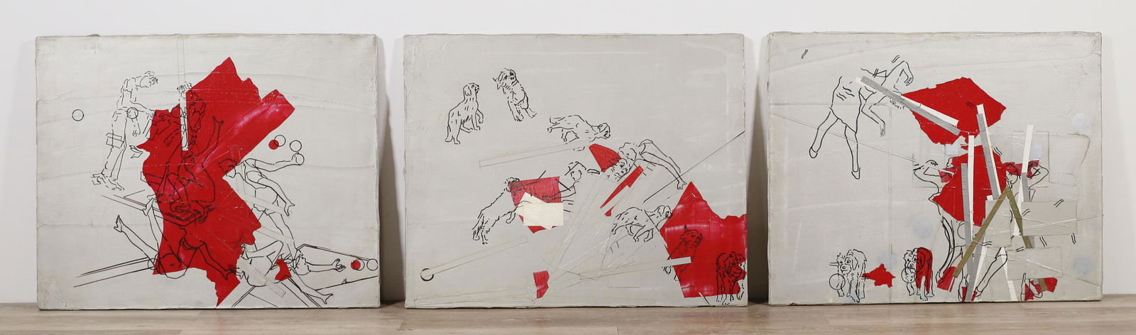 Judy Rifka Mixed Media on Canvas Triptych: Judy Rifka (American, New York, 1945-). Mixed media with acrylic and modeling paste on canvas triptych, Dropping a Ball on W. Broadway Downwardly Mobile: Map of Tribeka / Breaking Up Sidewalk / Talkin