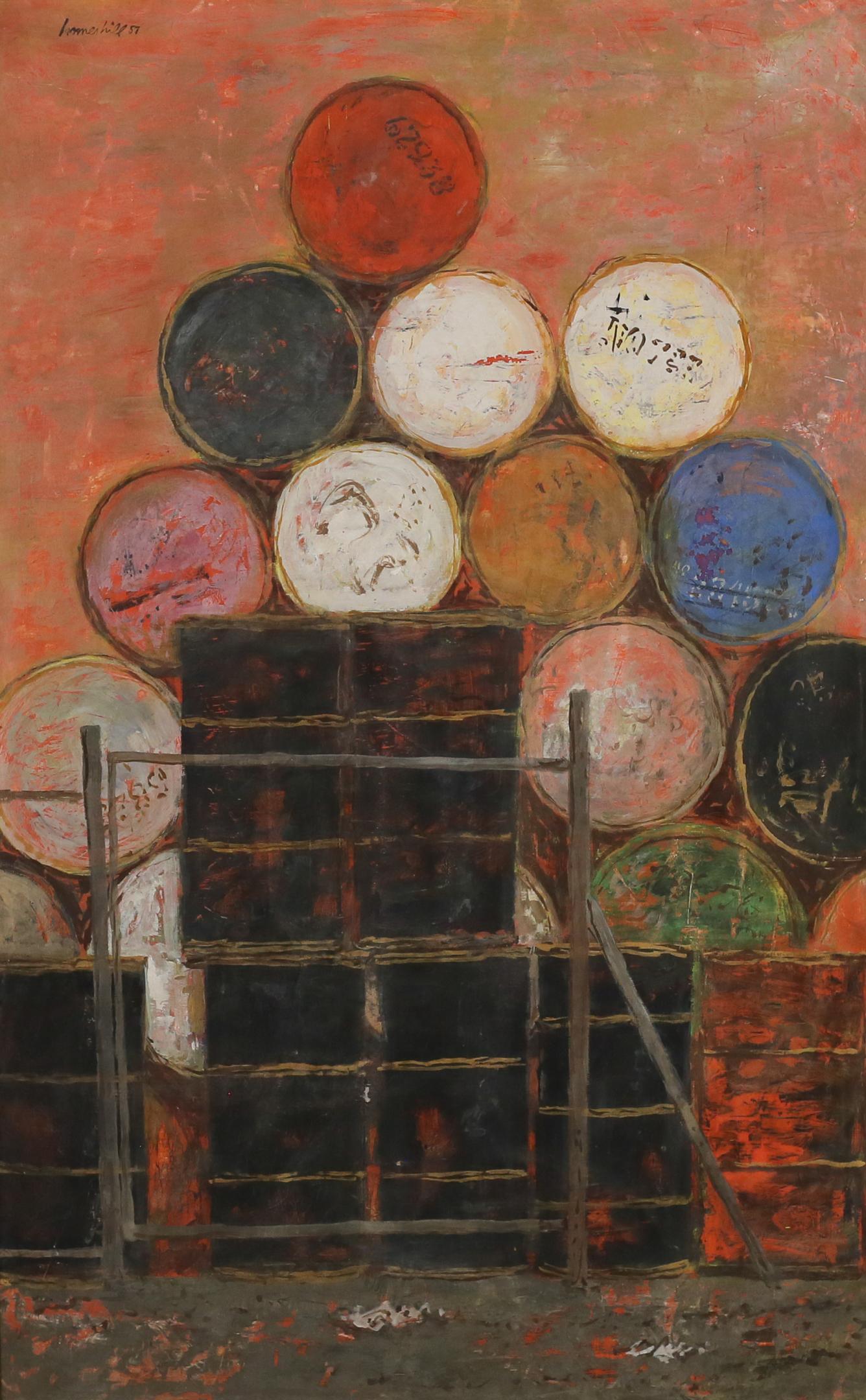Homer Hill Tempera on Board Barrels: Homer Hill (American, New Jersey, 1917-1968). Tempera on masonite, barrels. Signed and dated 57 upper left. 47 1/4" x 29 1/2" (with frame 52 1/2" x 34 1/2").